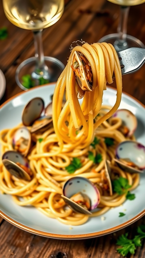 A plate of clam knight pasta with spaghetti, clams, garlic sauce, and parsley on a rustic table.